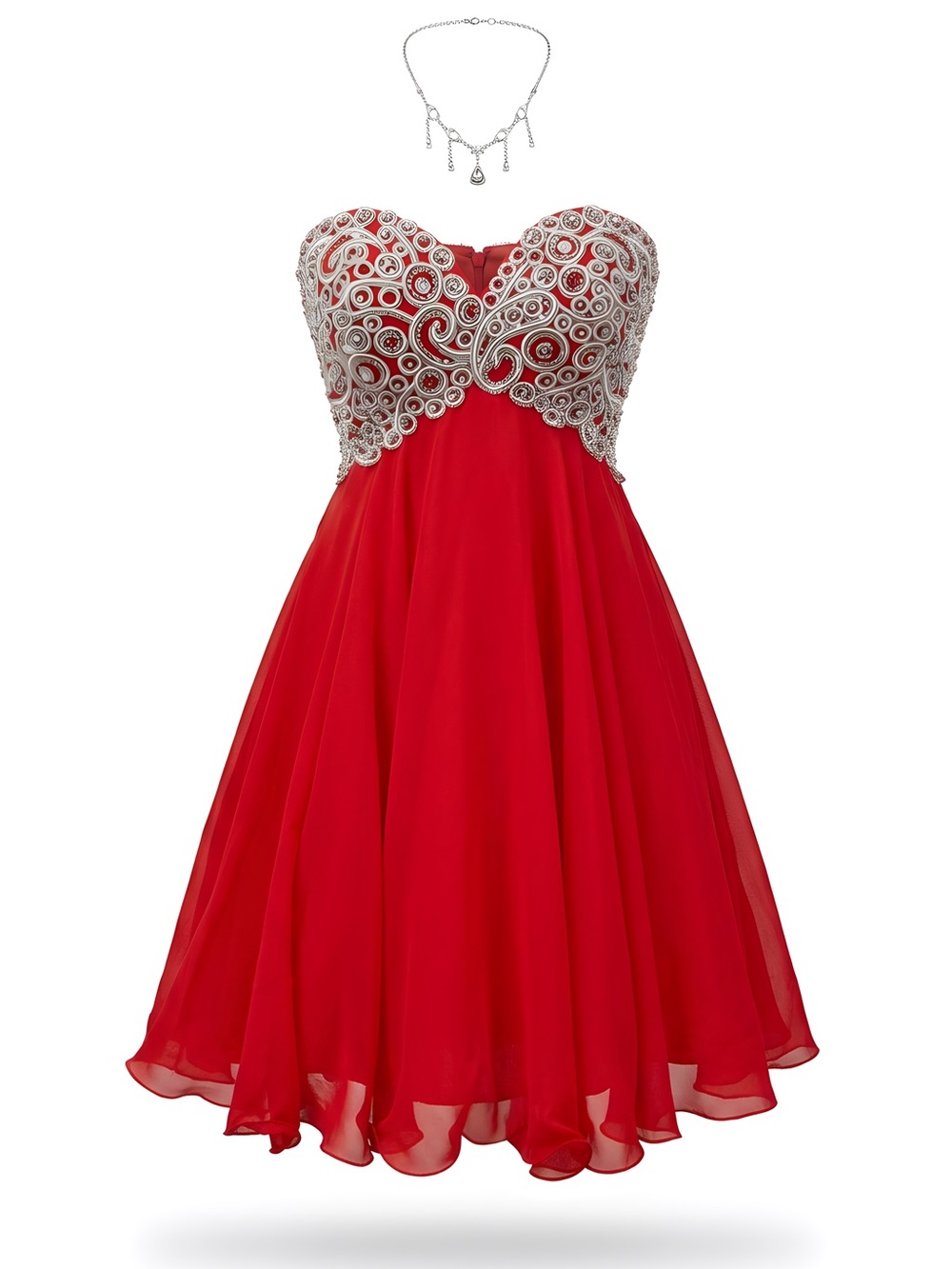 Elegant Strapless Red Dress with Silver Detailing